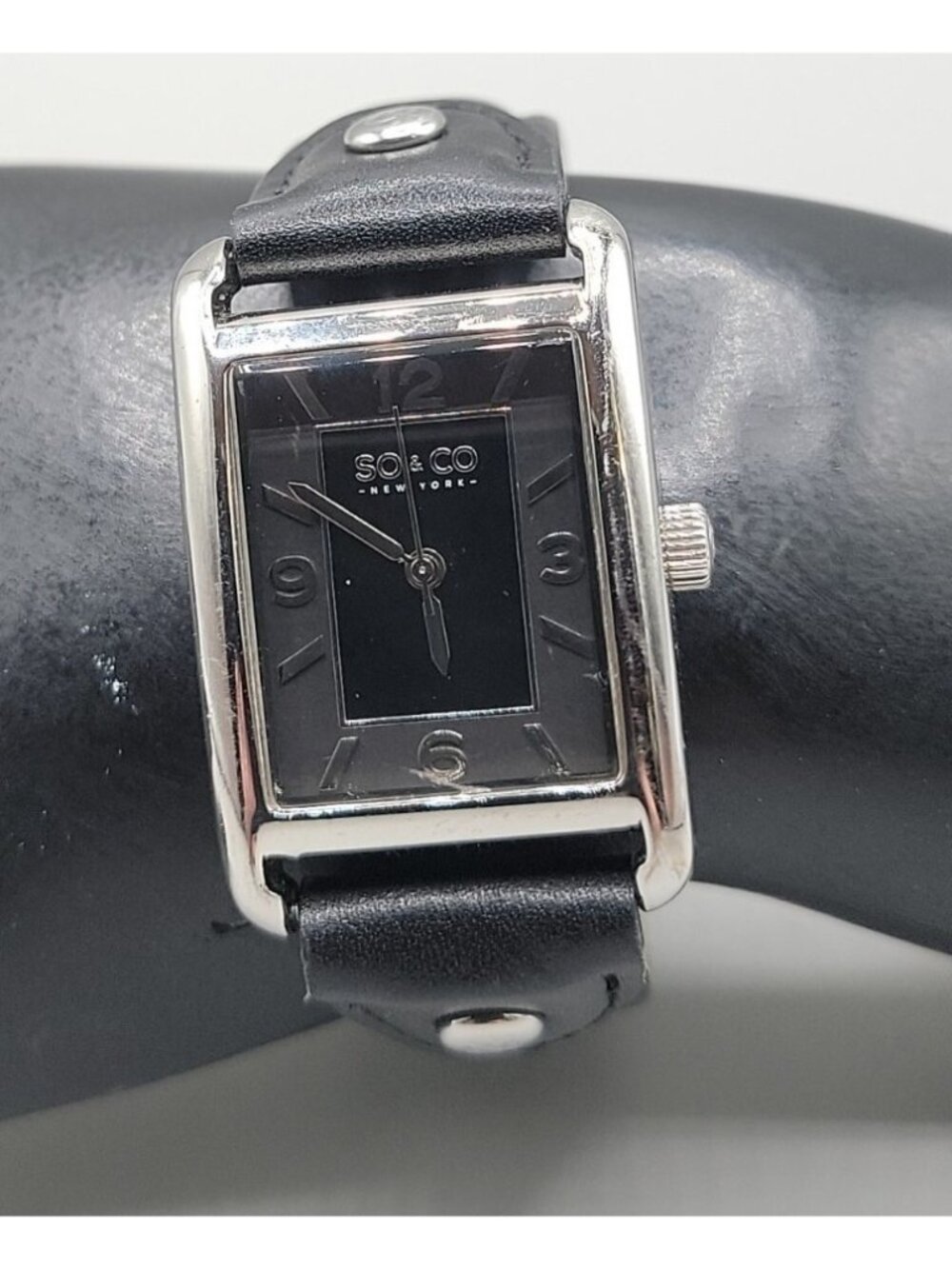 SO&CO New York Madison Women's Quartz Tank Watch Black Leather Cuff Band Silver